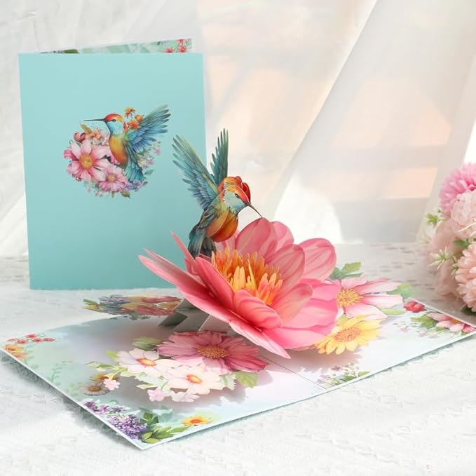 3D Hummingbird and Flower Pop Up Card, 3D Flower Greeting Pop-Up Card for Birthday, Anniversary, Thank You, Mother’s Day, Thinking of You, Nature Lovers Gift for Women and Mom