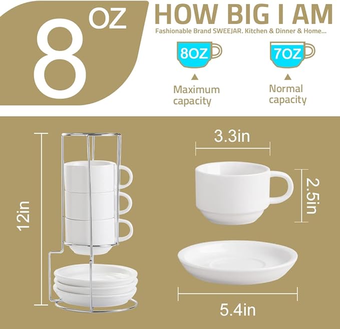 Sweejar Porcelain Cappuccino Cups with Saucers and Metal Stand, 8 Ounce Stackable Espresso Cups for Specialty Coffee Drinks, Latte, Americano, Tea - Set of 4 (Jade)
