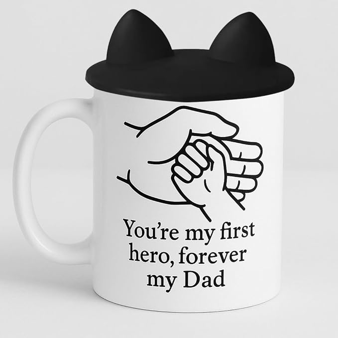 Dad Hero Coffee Mug with Cat Ears Lid, 11 Oz Ceramic Cup, White, Father's Day Gift