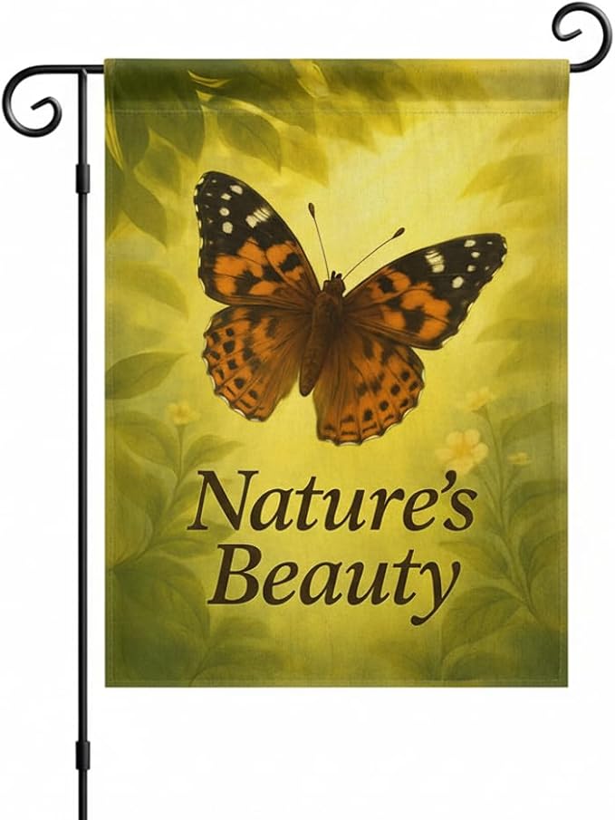 FLAGMEUP8386 Welcome Butterfly Garden Flag 12x18 Inch Double-Sided Polyester Fall Flag with Monarch and Painted Lady on Glowing Leaves, “Nature’s Beauty Quote Seasonal Yard Decoration
