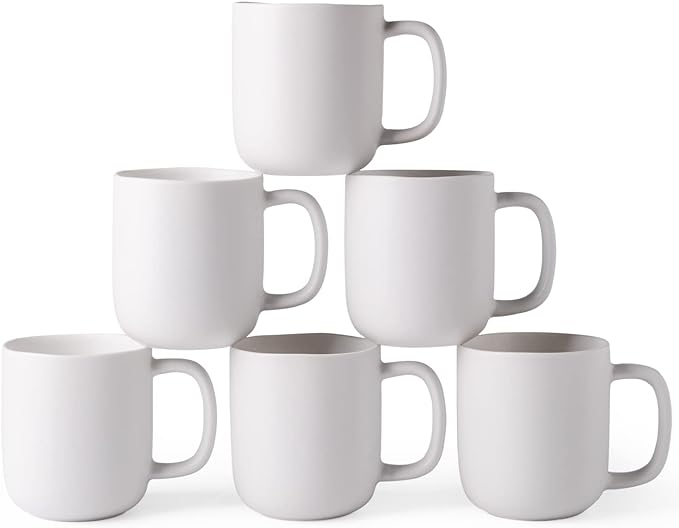 AmorArc 14oz Coffee Mugs Set of 6, Ceramic Coffee Mugs with Large Handle & Wavy Rim for Latte/Hot Cocoa/Tea, Stylish Coffee Cups for Men Women. Oven,Dishwasher&Microwave Safe, Matte White
