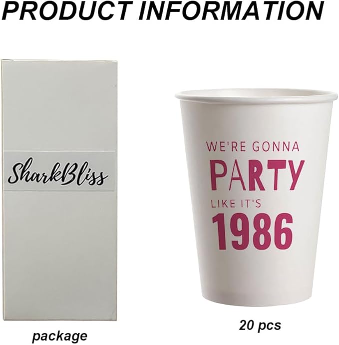 SharkBliss 1986 40th Birthday Party Cups 9oz Pink 20 Pack for Him Her – Party Like It's 1986