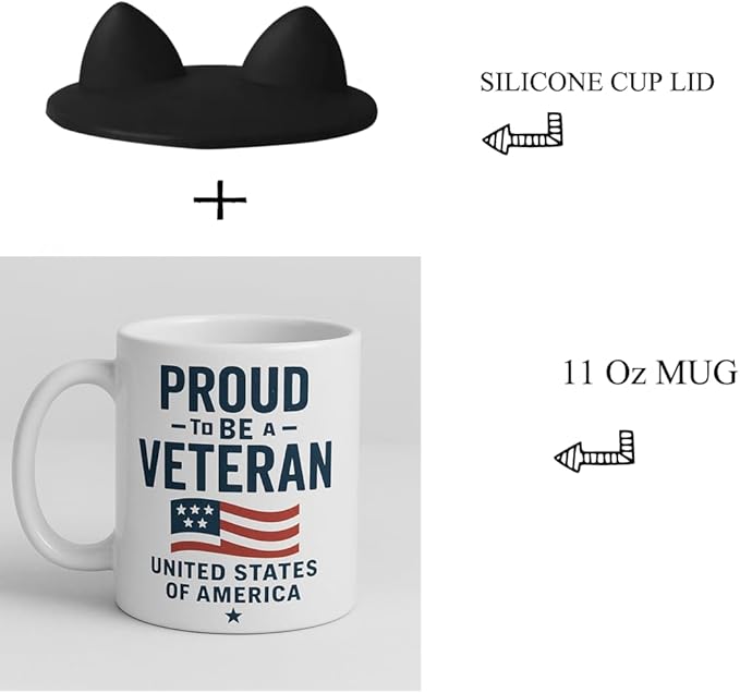 Proud To Be A Veteran Coffee Mug, 11 Oz, USA Flag Design with Cat Ear Lid, White