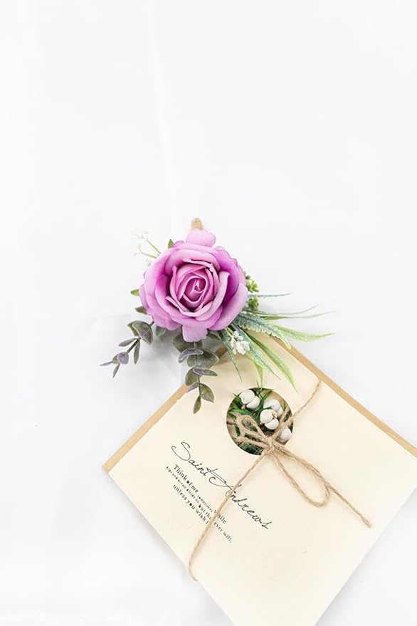 Ansofi Purple Corsage and Boutonniere Set Artificial Rose Flower Wrist Corsage and Boutineers for Groom Groomsmen Bride Bridesmaids Prom Rustic Vintage Wedding Decor