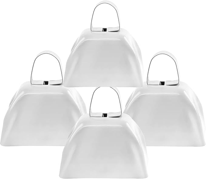 Cow Bells Noise Makers for Sporting Events, 4PCS Metal Cowbells with Handle - Small Loud Bell Bulk Hand Percussion Noisemakers for Football Games Graduation Sporting Events Weddings (White)