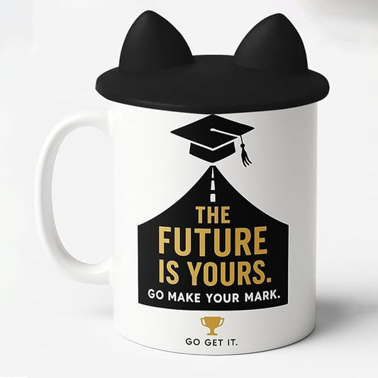 Graduation Coffee Mug with Cat Lid, The Future Is Yours Design, 11 Oz White Ceramic, Inspirational Gift for Son,Brother,Friends