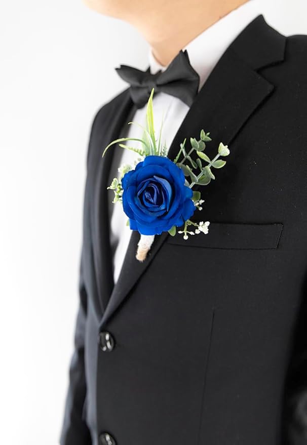 Ansofi Royal Blue Corsage and Boutonniere Set Artificial Rose Flower Wrist Corsage and Boutineers for Groom Groomsmen Bride Bridesmaids Prom Rustic Vintage Wedding Decor
