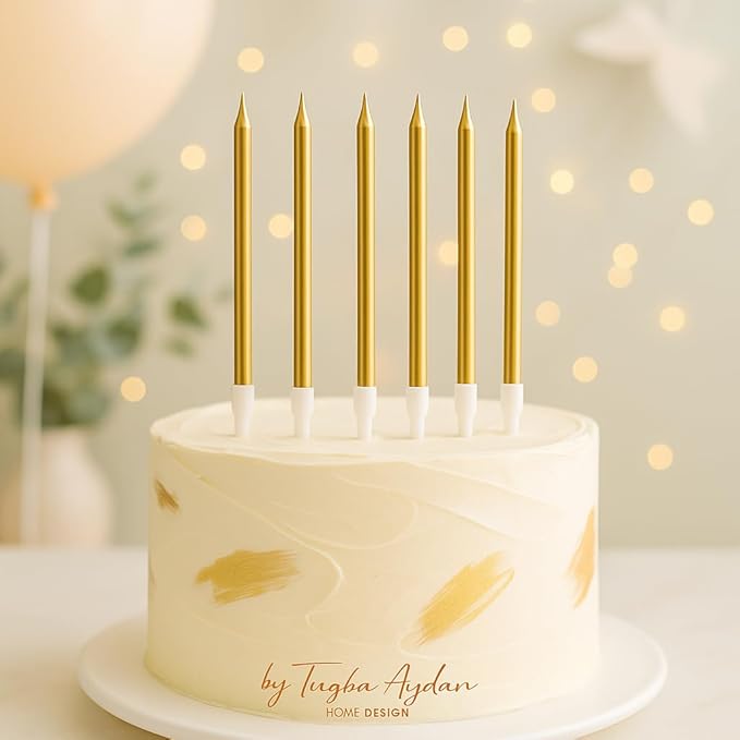 by Tugba Aydan - Gold Birthday Candles - 24 Pack | Metallic Long Thin Candles for Cakes & Cupcakes | Elegant Cake Decoration for Adults, Kids, Men & Women | by Tugba Aydan Home Design