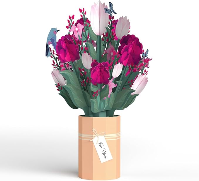 Lovepop Mother's Day Pop-Up Paper Flower Bouquet for Her - 3D Greeting Cards for Mom, Wife, Women - Tulips, Peonies, Orchids - 12" Assorted Bouquet - Blank Notecard Included