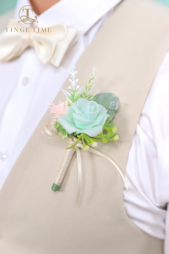 TINGE TIME Boutonniere for Men Wedding,Groom and Best Man Boutonniere for Wedding Ceremony Anniversary, Formal Dinner Party and Rustic Spring Wedding Marriage (10, MintGreen&Pink)