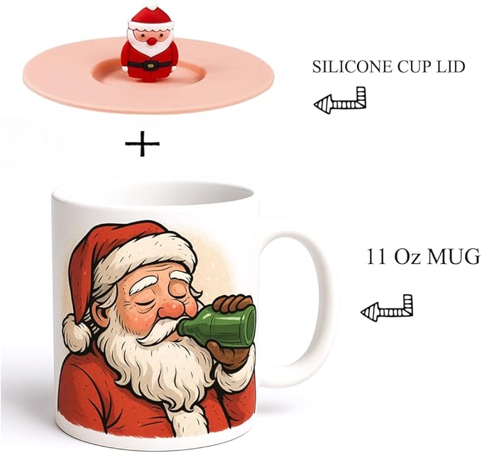 Christmas Santa Beer Mug with Silicone Lid, Ceramic Coffee Cup, 11 Oz, White