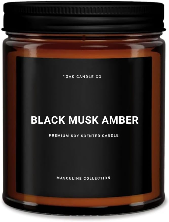 1OAK Black Musk Amber Candle - Soy Wax Scented Candle for Men - 7oz, Long Burning, Masculine - Premium Gift Option