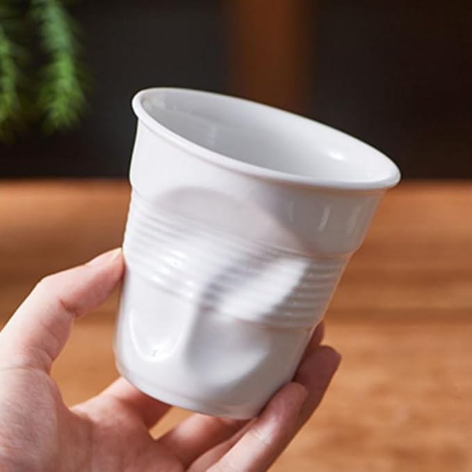 Unique Ceramic Mug Inspired by Crumpled Paper Cup Design，Artistic & Irregular Shape, Perfect for Coffee, Tea, and Hot Beverages，Ideal for Home, Office (White, Small)