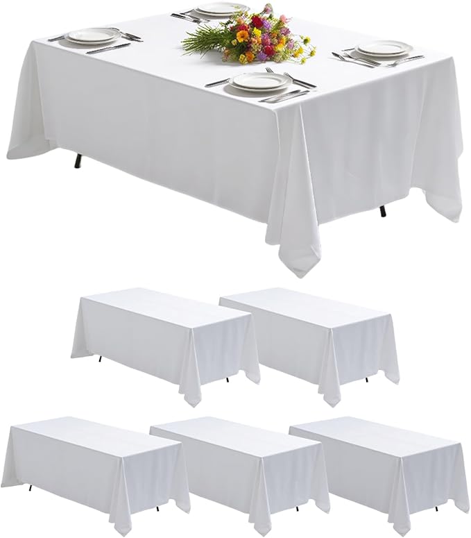 Goodluck 6 Pack White Tablecloth 90 x 132 Inch – Rectangular Polyester Table Cloth, 6-8 Ft Tables – Reusable, Machine Washable Cover for Wedding, Birthday Party Banquet and Event Decoration