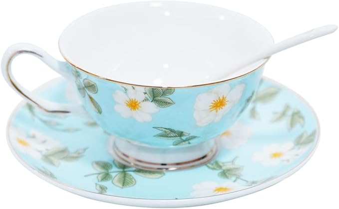 Bone China Tea Cup and Saucer Set with Spoon，Elegant Floral Tea Cup Set (7 oz)，British Coffee Latte Mug for Mother's Day Gifts