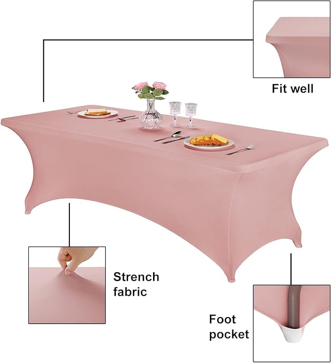 FORLIFE 2Pack Spandex Table Covers，Fitted Tablecloth for Rectangular Tables, Stretch Patio Table Covers, Universal Spandex Table Cover for Wedding, Banquet, Party (8ft, Dusty Pink)