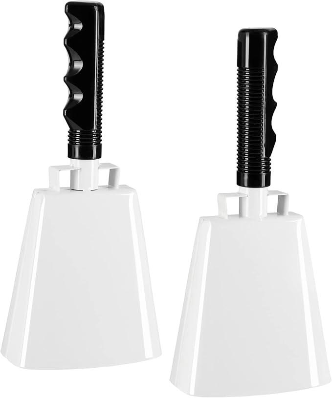 2 Pack 9-inch Cowbells for Sporting Events, Percussion Noise Makers with Handle for Football Games, Stadiums (White)