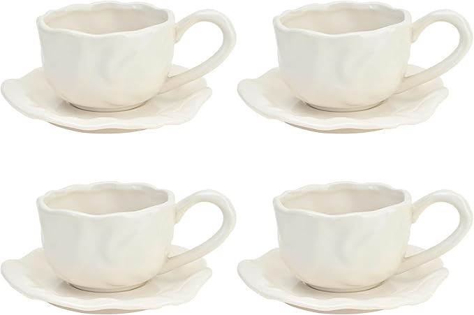 Ceramic Espresso Cups with Saucers 6 oz,Coffe Cups for Cappuccino,Latte,Tea with Saucers Set of 4 - Folds - White