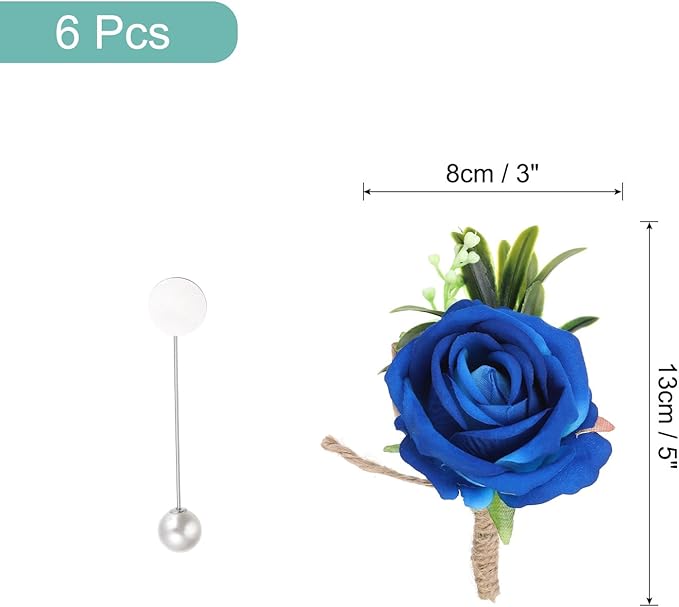 MECCANIXITY 6PCS Men Boutonnieres Corsages, Sapphire Blue Rose Groomsmen Corsage Wristlet with Pins for Wedding Ceremony Anniversary, Dinner Party