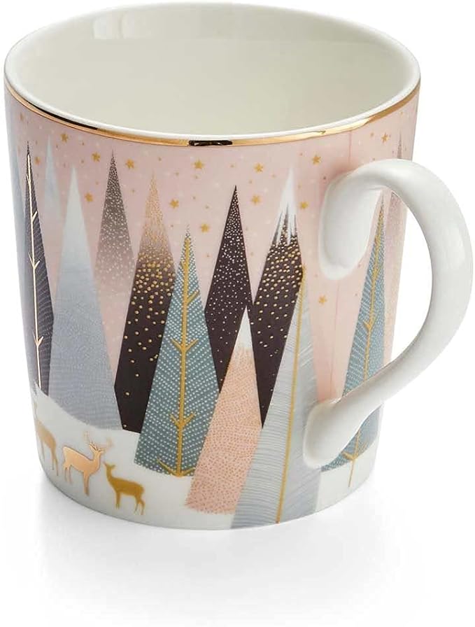 Portmeirion Sara Miller London Frosted Pines Christmas Mug | 12 Oz Cup for Drinking Tea, Coffee, and Hot Cocoa | Set of 4 Mugs Made from Fine China with Gold Detail | Handwash Only