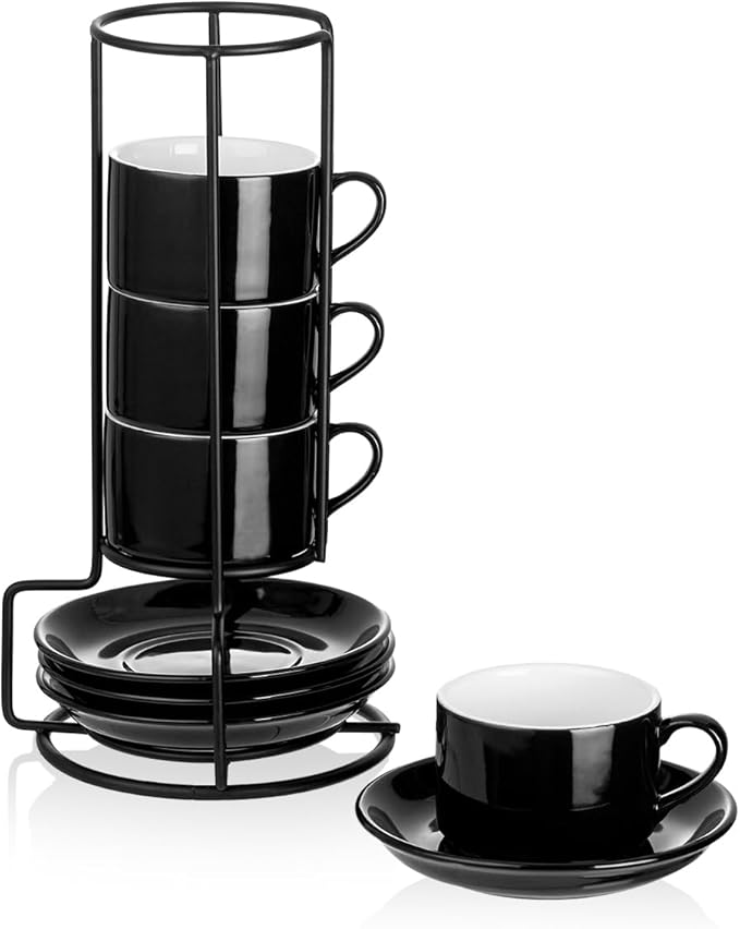2.5oz Espresso Cups Set of 4, Porcelain Stackable Espresso Cups with Saucers and Metal Stand Set, Black Expresso Shots Cup Set for Cappuccino, Coffee Drinks, Latte, Tea