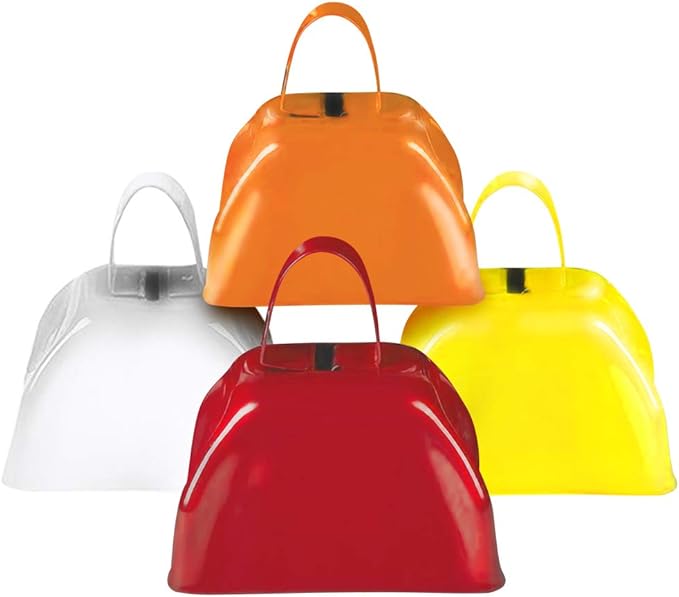 ArtCreativity 3 Inch Metal Cowbells Set - Pack of 4 - Loud Metal Cowbell Noisemakers with Handles - Red, Orange, Yellow and White Cowbell Set, Great for Football Games, Sporting Events, New Year’s Eve