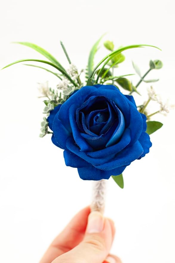 Ansofi Royal Blue Corsage and Boutonniere Set Artificial Rose Flower Wrist Corsage and Boutineers for Groom Groomsmen Bride Bridesmaids Prom Rustic Vintage Wedding Decor