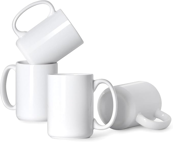 Smilatte 16 OZ Porcelain Coffee Mugs, Classic Blank Ceramic Cup with Large Handle for Tea Latte Cappuccino, Set of 4, White