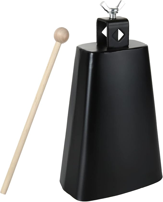 Acrux7 7 Inch Large Cow Bell Noise Makers, Metal Cowbell with Handle and Stick, Hand Percussion Music Cowbell for Sporting Events, Drum Set, Church, Weddings, Beautiful Clear Tapping Sound (Black)