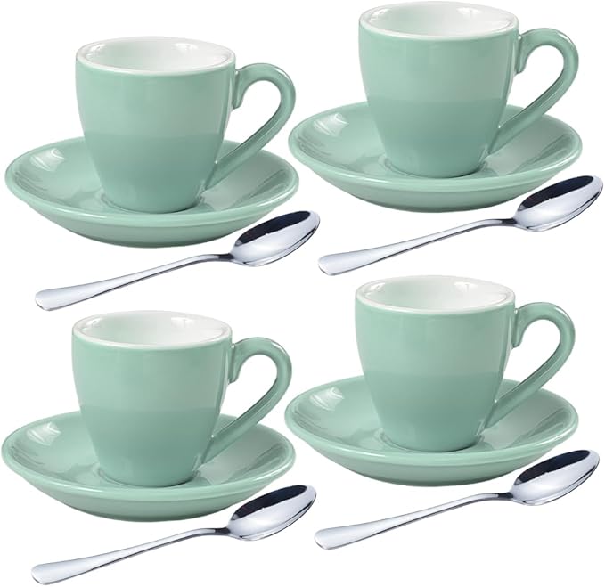 homEdge Porcelain Espresso Shot Cup Set with Saucers and Stainless Steel Spoons - 80 ml / 2.67 oz, Set of 4, Mint Green