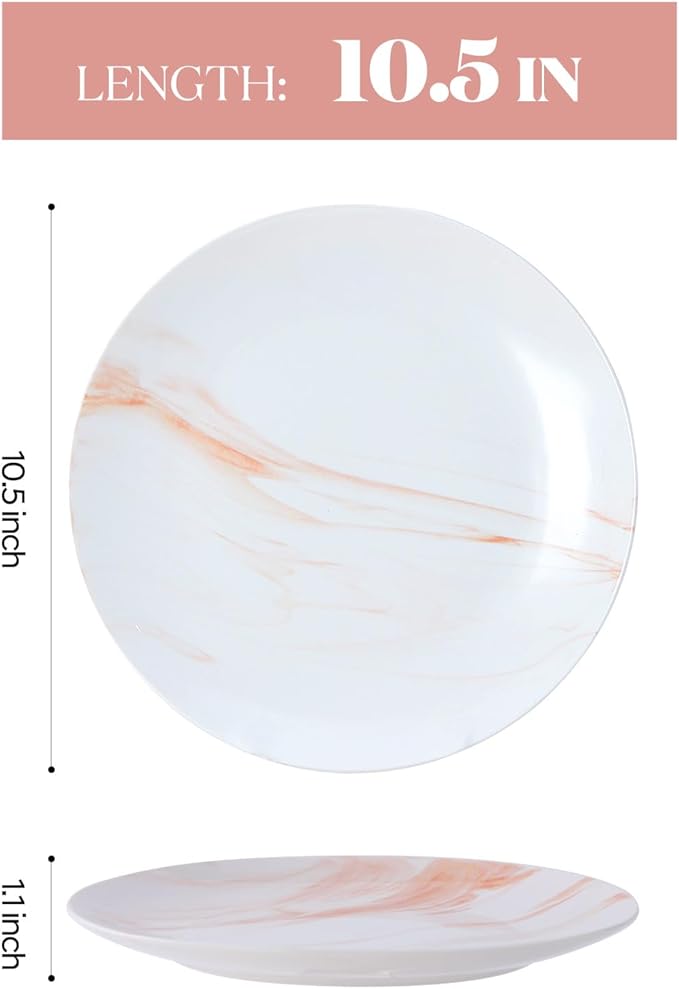 bestone Dinner Plates, 10.5 Inch Plates Set of 6, Porcelain Round Dessert Salad Dinner Plates, Serving Dishes for Kitchen, Dishwasher, Microwave, Freezer, Oven Safe, Marble Orange