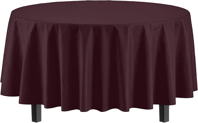 Exquisite 66% Thicker Premium Brown Round Tablecloth 0.5 Mil 6 Pack Plastic Table Cloth Disposable 84 Inch Round Plastic Tablecloth Won't Tear Easily Like Cheap Thin Brands