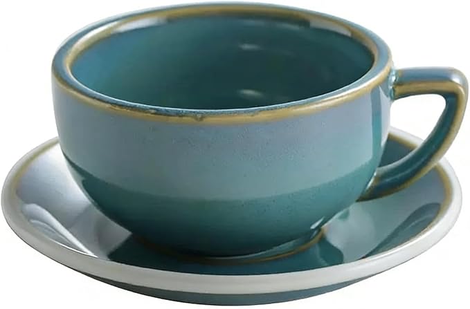 Ceramic Latte Mug, 10.82oz Barista Cup with Saucer, 7mm Thickened Rim Ceramic Cappuccino Cup, Vintage Latte Art Mug for Home & Café (Kiln Transmutation Cyan)