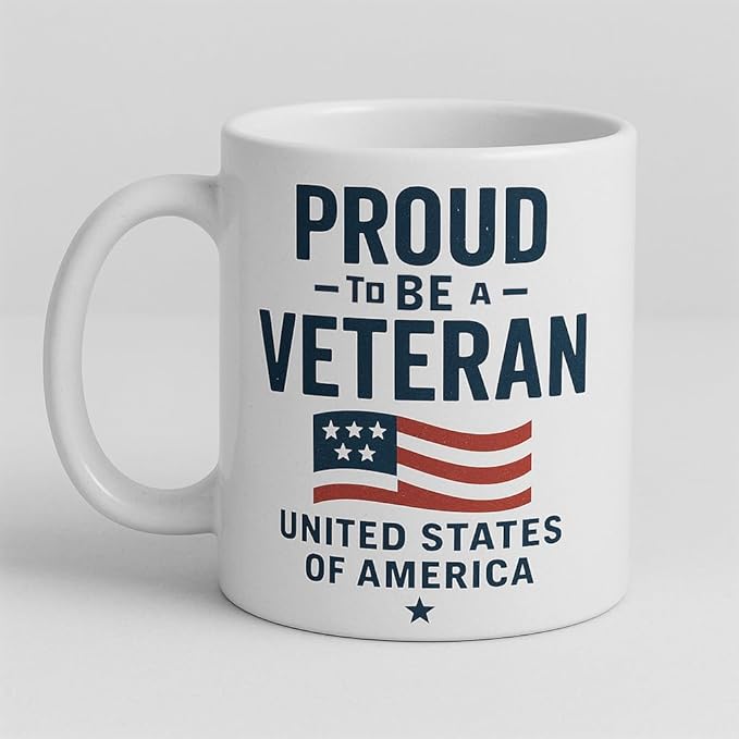 Proud To Be A Veteran Coffee Mug, 11 Oz, USA Flag Design with Cat Ear Lid, White