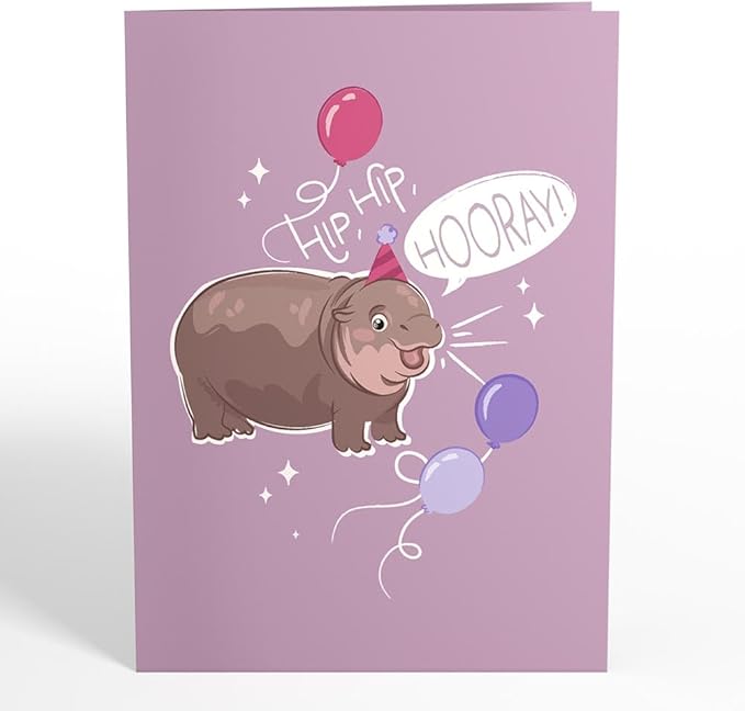 Lovepop Happy Birthday Pop-Up Card for Her and Him- 3D Birthday Animal Greeting Cards for Boys, Girls, Men, Women - Baby Pygmy Hippo - 5" x 7" Card - Blank Note Card & Envelope Included