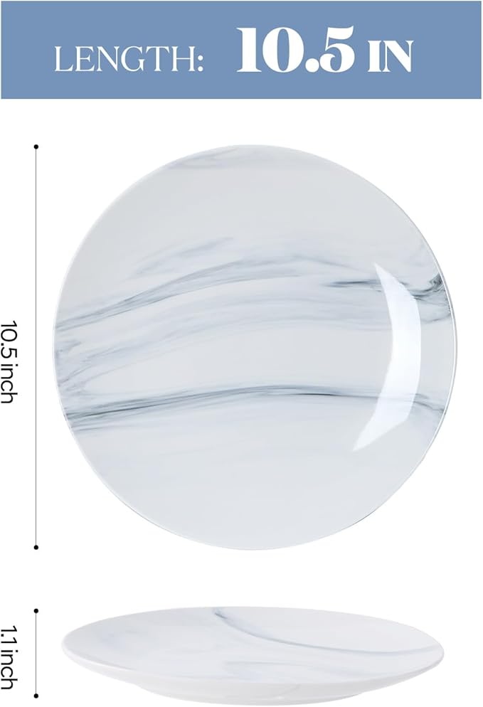 bestone Dinner Plates, 10.5 Inch Plates Set of 6, Porcelain Round Dessert Salad Dinner Plates, Serving Dishes for Kitchen, Dishwasher, Microwave, Freezer, Oven Safe, Marble Blue