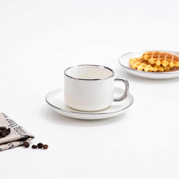 Tea Cups and Saucers with Silver Trim, 6.76 Ounce White Porcelain Tea Set & Coffee Cups for Latte, Cafe Mocha - Set of 4, Porcelain Mugs for Kitchen or Cafe (White and Silver)