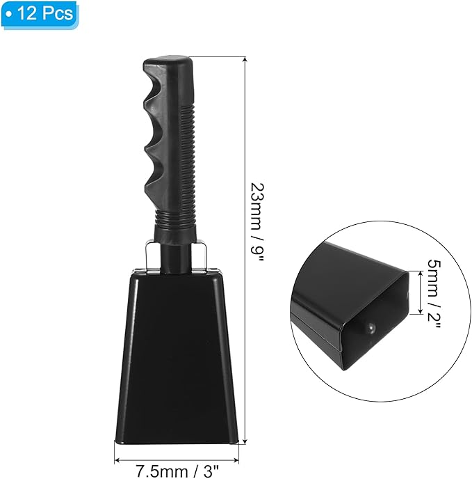 PATIKIL 9inch Cow Bells for Football Games, 12pcs Cowbells for Sporting Events Bulk Loud Noise Makers Metal Cow Bell with Handle for Cheering Competition Marathon Wedding DIY Paint, Black