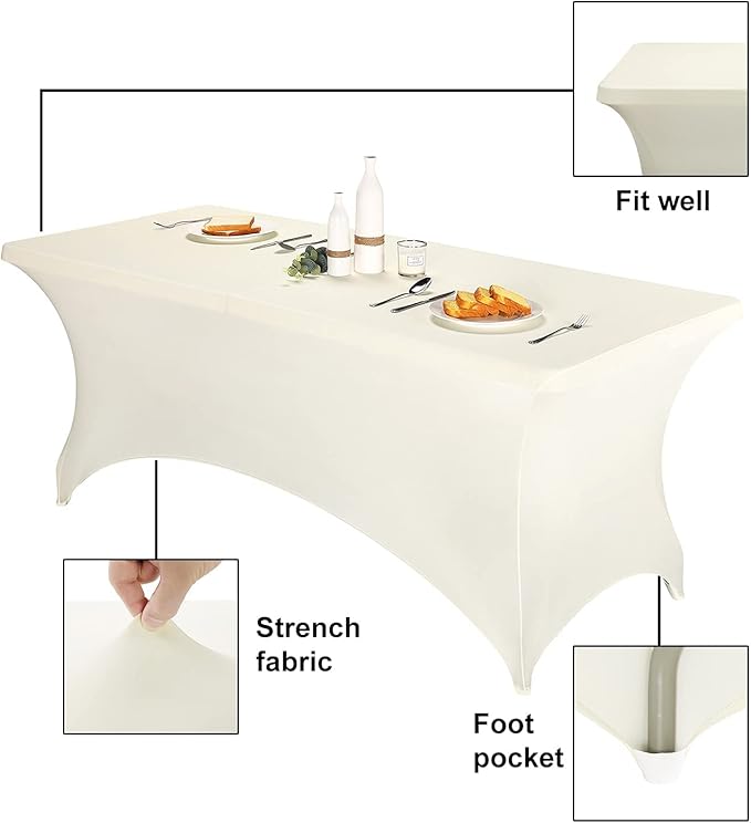 FORLIFE 2Pack Spandex Table Covers，Fitted Tablecloth for Rectangular Tables, Stretch Patio Table Covers, Universal Spandex Table Cover for Wedding, Banquet, Party (8ft, Ivory)