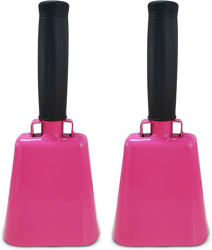 Deke Home - 2 Pack 7 Inch Steel Cowbells with Handle, Loud Noise Makers for Football, Sports, Parties, Competitions, School Spirit & Safety, Large Hand Bell for Cheering & Percussion Instrument
