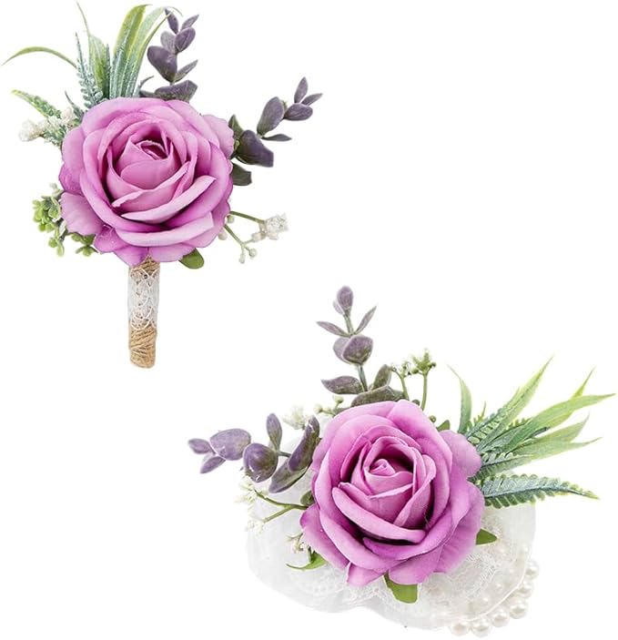 Ansofi Purple Corsage and Boutonniere Set Artificial Rose Flower Wrist Corsage and Boutineers for Groom Groomsmen Bride Bridesmaids Prom Rustic Vintage Wedding Decor