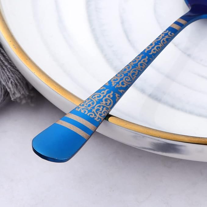 Blue Unique Pattern Design Coffee Espresso Spoons Mini, Mingcheng Stainless Steel Small Teaspoons Silverware Set of 6, BISDARUN 5.5 Inches Food Spoons for Demitasse Dessert Tea