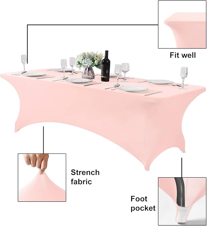 FORLIFE 2Pack Spandex Table Covers，Fitted Tablecloth for Rectangular Tables, Stretch Patio Table Covers, Universal Spandex Table Cover for Wedding, Banquet, Party (8ft, Blush Pink)