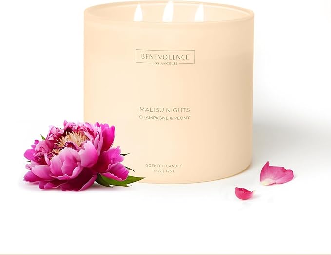 Champagne & Peony – Benevolence LA Large 3-Wick Scented Candle for Home | 15oz, 50-Hour Burn | Natural Soy Wax, Cotton Wicks | Gift Ideas for Women | Malibu Sands Collection