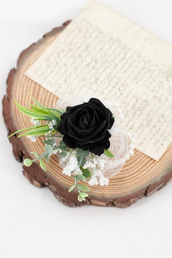 Ansofi Black Corsage and Boutonniere Set Artificial Rose Flower Wrist Corsage and Boutineers for Groom Groomsmen Bride Bridesmaids Prom Rustic Vintage Wedding Decor