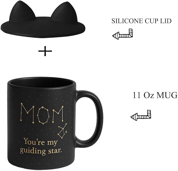 Mom Constellation Coffee Mug, Black Ceramic with Cat Ears Lid, 11 Oz, Guiding Star Design,Mom Gifts from Son Daughter,Mother's Day Gifts