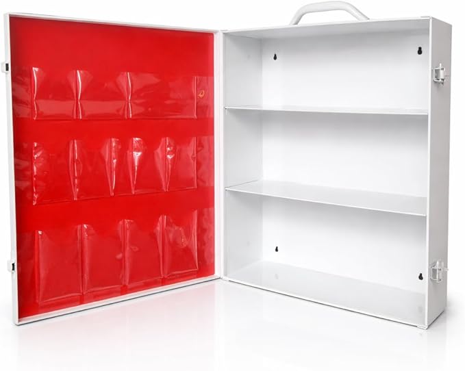 Rapid Care 3-Shelf Metal First Aid Cabinet Empty Wall Mountable Steel First Aid Kit with Door Pouches for Home and Workplace Safety
