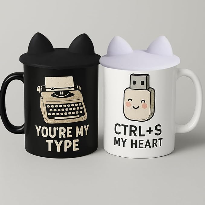 Couple Gifts “You're My Type” & “Ctrl+S My Heart” 11 Oz Ceramic Coffee Mugs with Cat Ear Silicone Lids – Matching Tech-Themed Mugs for Wedding, Anniversary, or Engagement Gifts