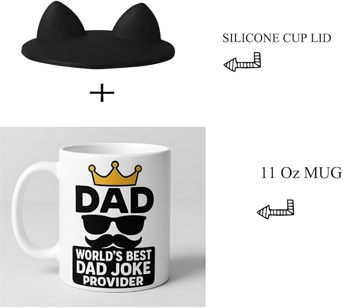 Funny Coffee Mug – “World's Best Dad Joke Provider” – 11 Oz White Ceramic with Black Cat-Ear Lid – Father's Day Gift for Dad Who Loves Jokes