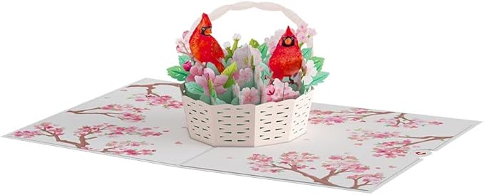 Lovepop Everyday Pop-Up Card for Her - 3D Greeting Cards for Girls, Women - Cherry Blossom Basket with Cardinals - 5" x 7" Flower Card - Blank Note Card & Envelope Included